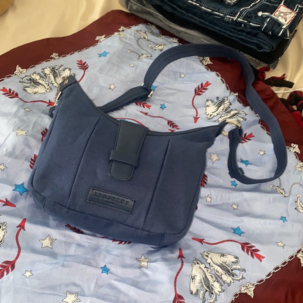 Vintage Lamarthe Paris Navy Blue Leather & Canvas Crossbody Purse